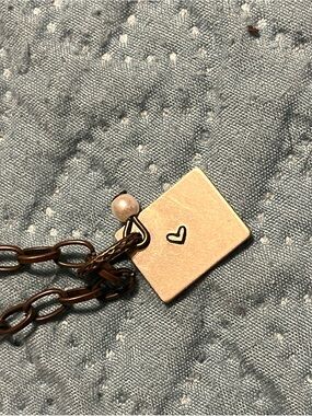 Square Pendant Necklace with Heart Charm - Brass Tone 30”
